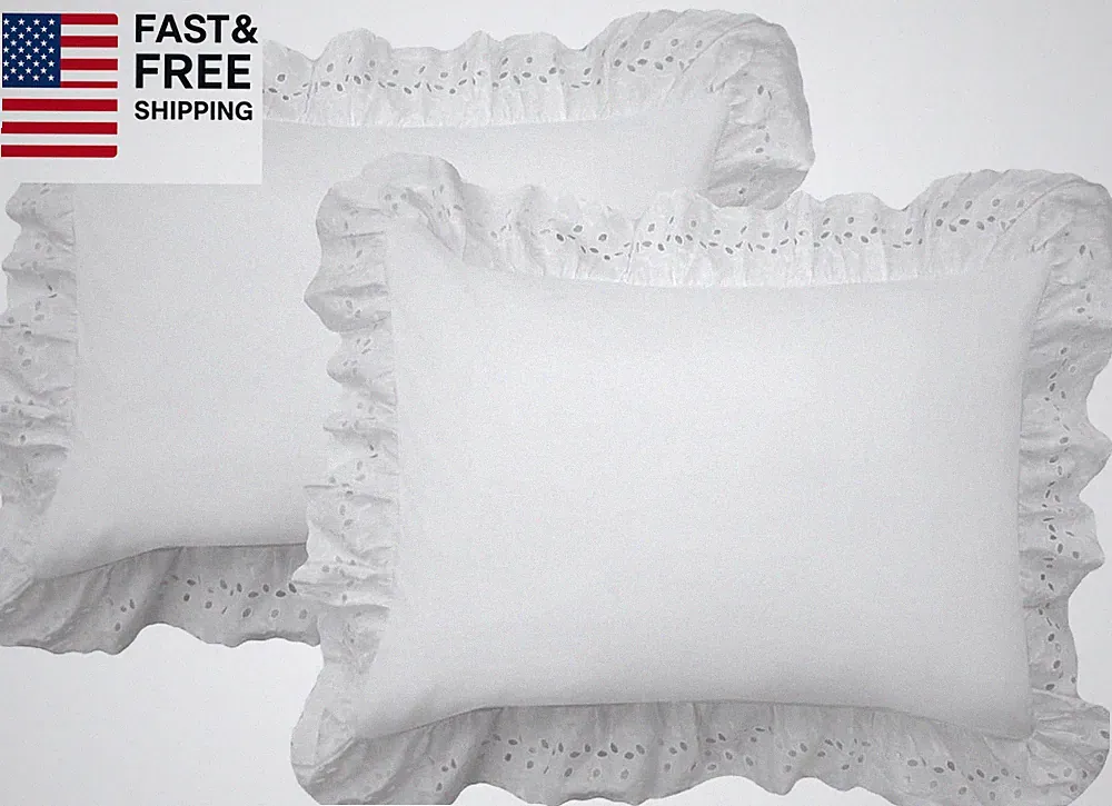Ruffled Bed Pillow Shams with Embroidered Eyelet Detail, Standard, White, 2-Pack