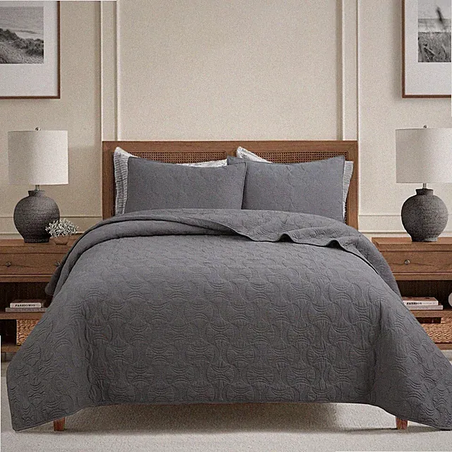 Solid Gray Spiral Swirl Pinwheel 3Pc 100%Cotton Quilt Set, Bedspread,Coverlet